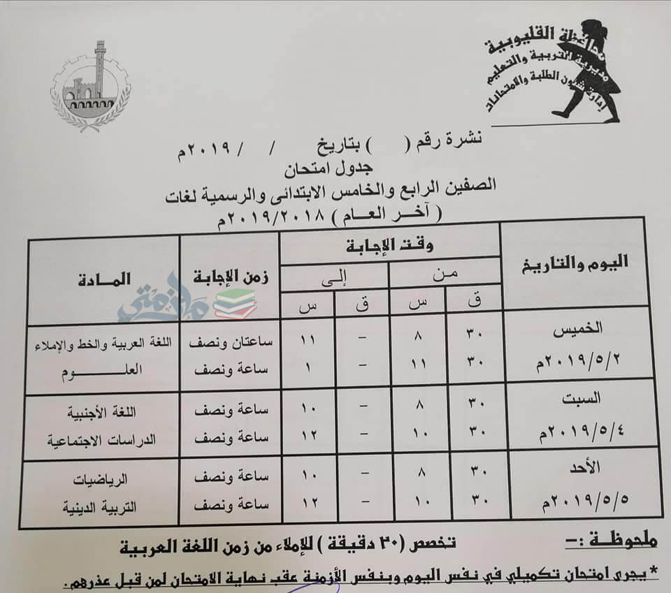 جدول امتحانات الصف الرابع والخامس الابتدائي الترم الثاني 2019 محافظة القليوبية