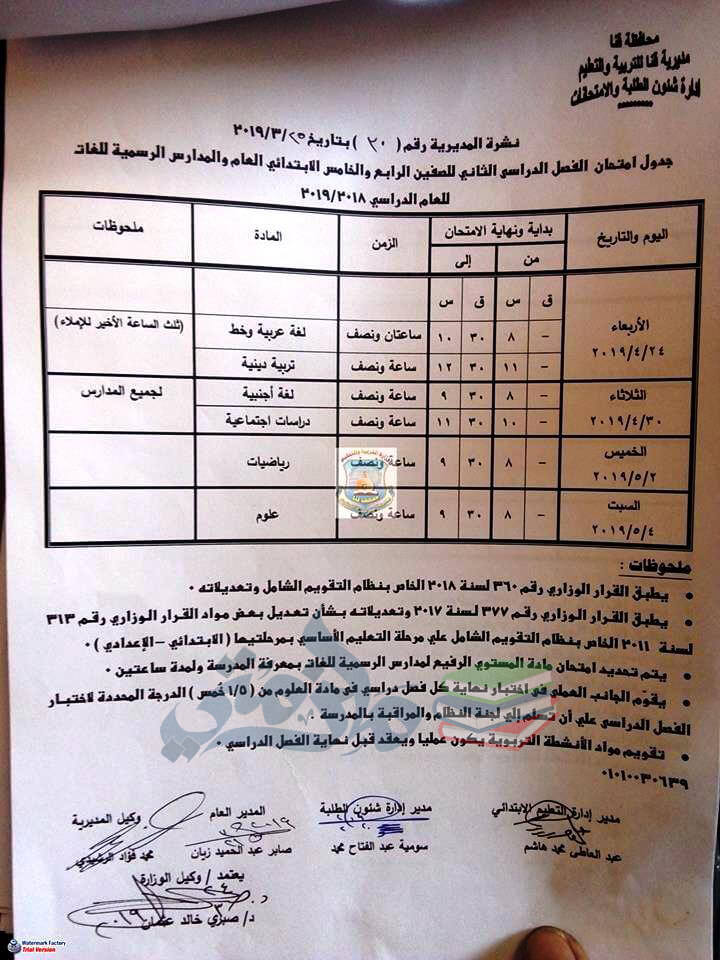 جدول امتحانات الصف الرابع والخامس الابتدائي الترم الثاني 2019 محافظة قنا