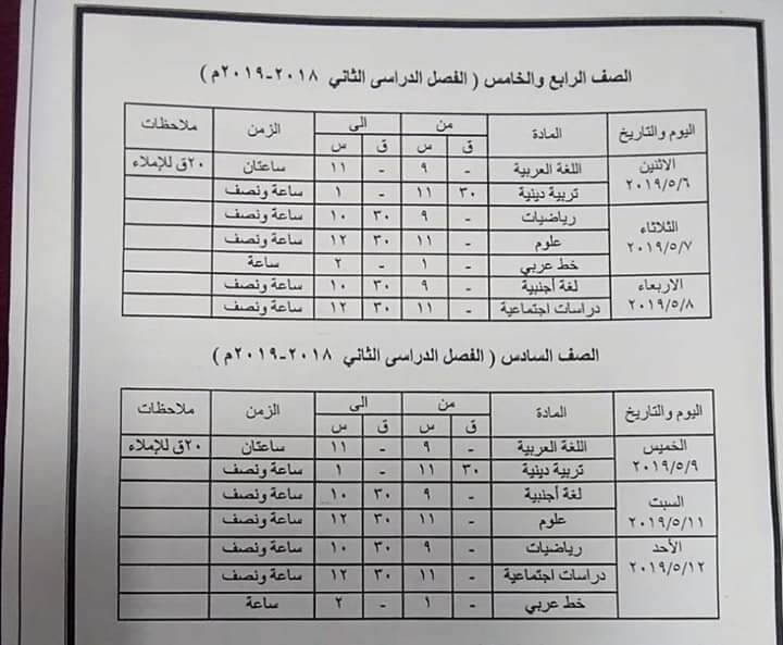 جدول امتحانات الصف الرابع والخامس والسادس الابتدائي الترم الثاني 2019 محافظة كفر الشيخ