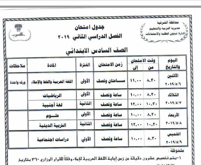 جدول امتحانات الصف السادس الابتدائي الترم الثاني 2019 محافظة الشرقية