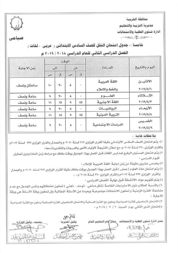 جدول امتحانات الصف السادس الابتدائي الترم الثاني 2019 محافظة الغربية