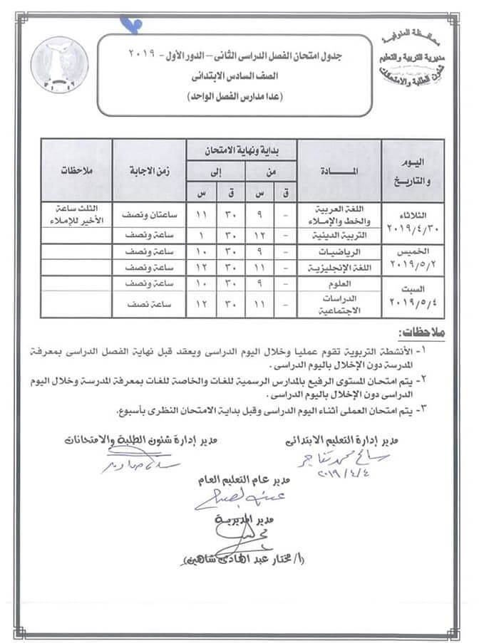 جدول امتحانات الصف السادس الابتدائي الترم الثاني 2019 محافظة المنوفية