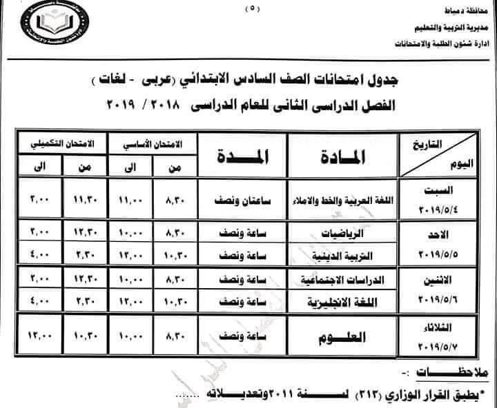 جدول امتحانات الصف السادس الابتدائي الترم الثاني 2019 محافظة دمياط