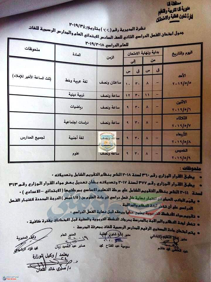 جدول امتحانات الصف السادس الابتدائي الترم الثاني 2019 محافظة قنا