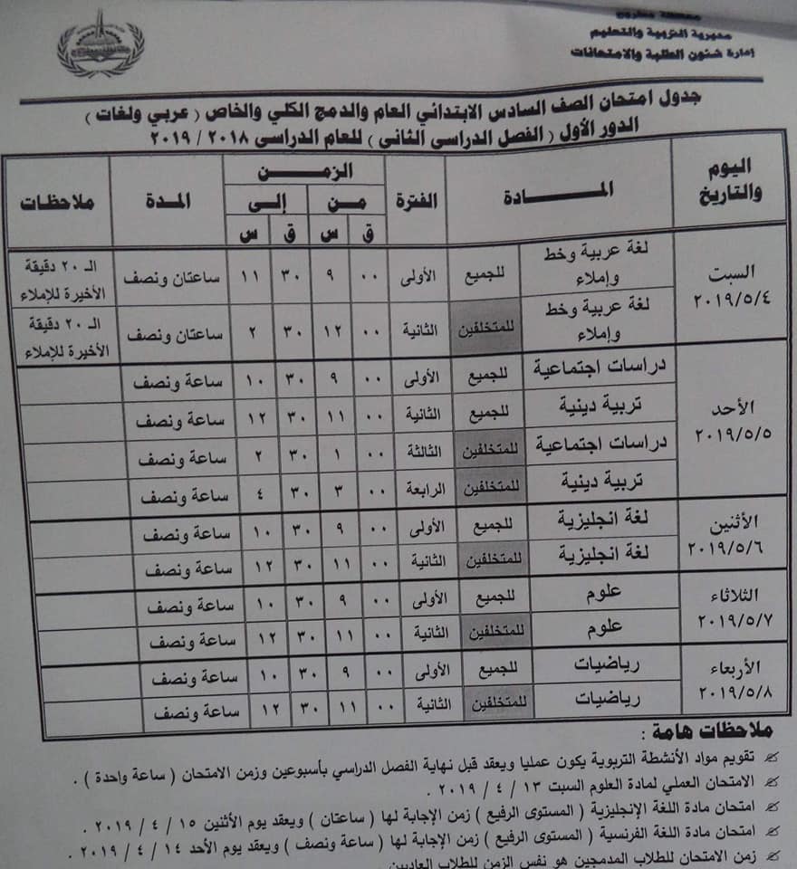 جدول امتحانات الصف السادس الابتدائي الترم الثاني 2019 محافظة مطروح