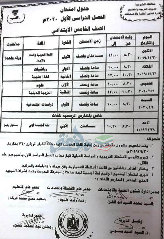 جدول امتحانات الصف الخامس الابتدائي نصف العام محافظة الشرقية