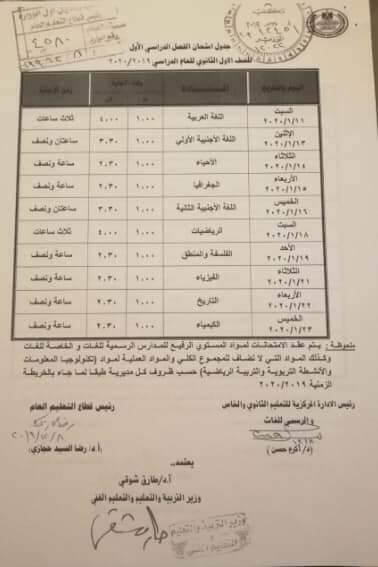 جدول امتحانات الصف الاول الثانوي نصف العام محافظة الجيزة 2020