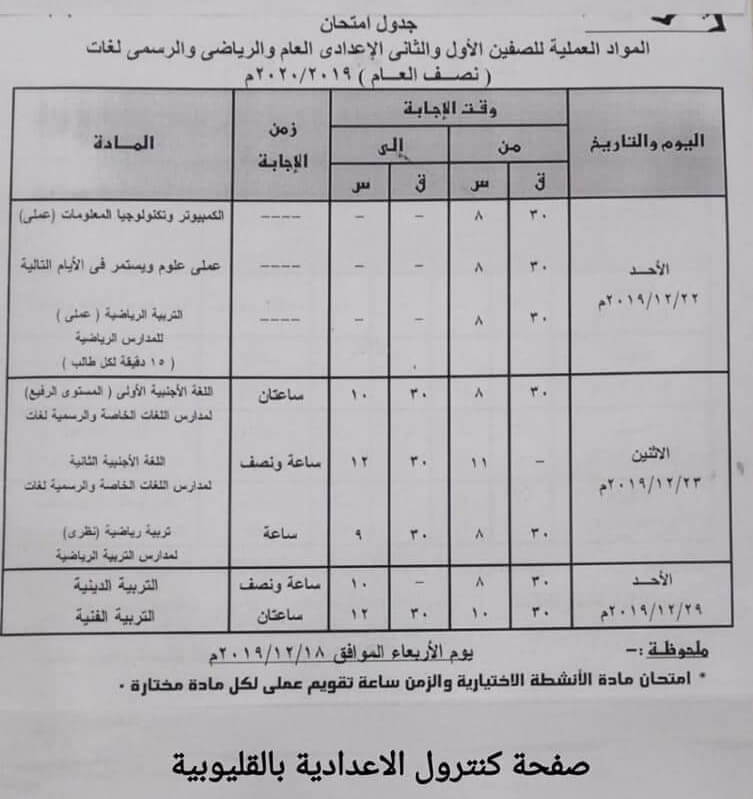 جدول امتحانات الصف الاول والثاني الاعدادي نصف العام محافظة القليوبية 2020 العملي