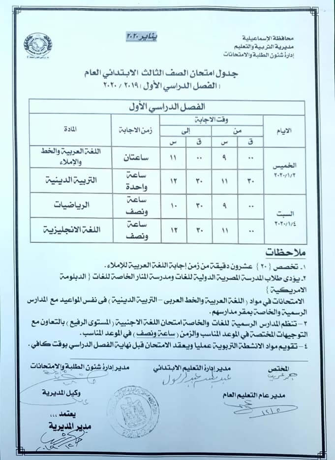 جدول امتحانات الصف الثالث الابتدائي نصف العام محافظة الاسماعيلية 2020