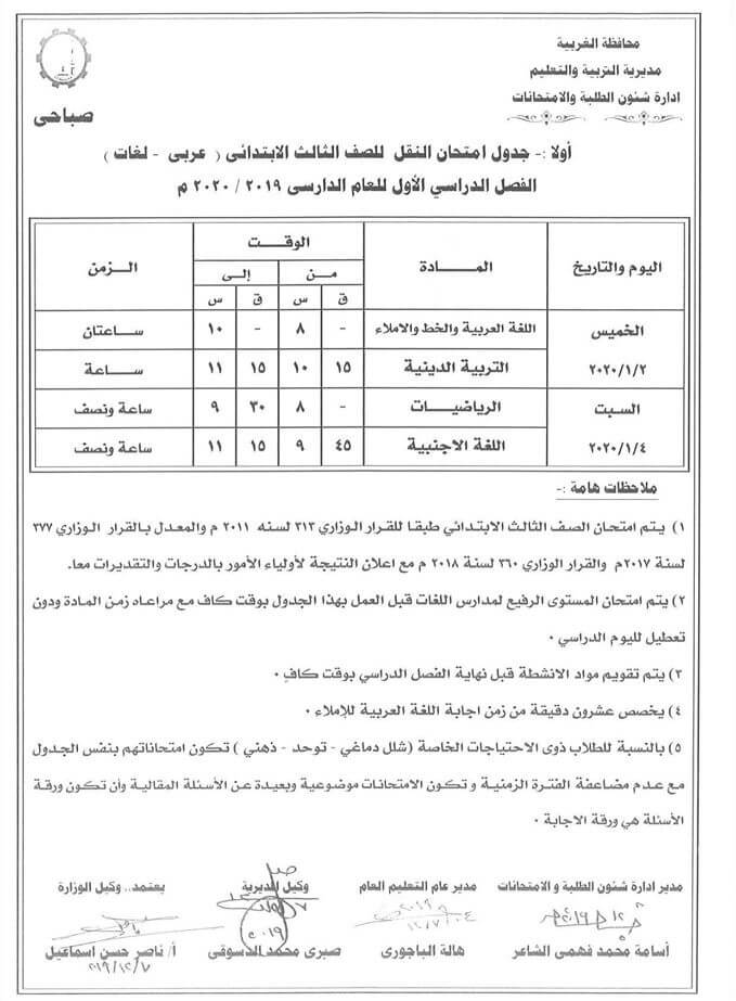 جدول امتحانات الصف الثالث الابتدائي نصف العام محافظة الغربية 2020 1
