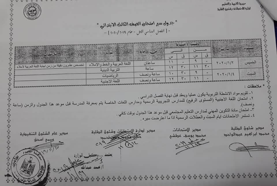جدول امتحانات الصف الثالث الابتدائي نصف العام محافظة الفيوم 2020