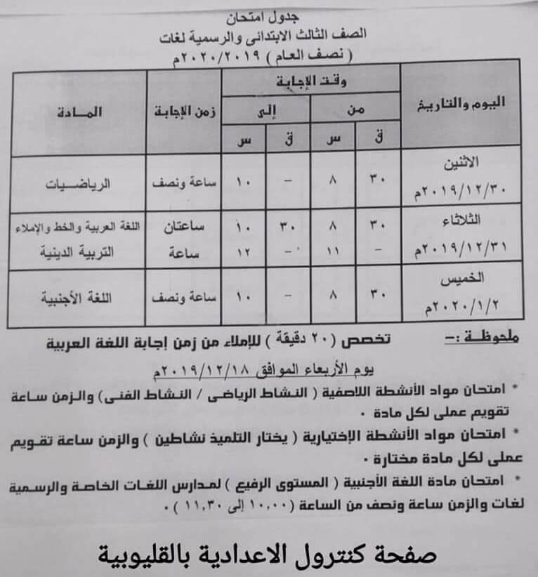 جدول امتحانات الصف الثالث الابتدائي نصف العام محافظة القليوبية 2020