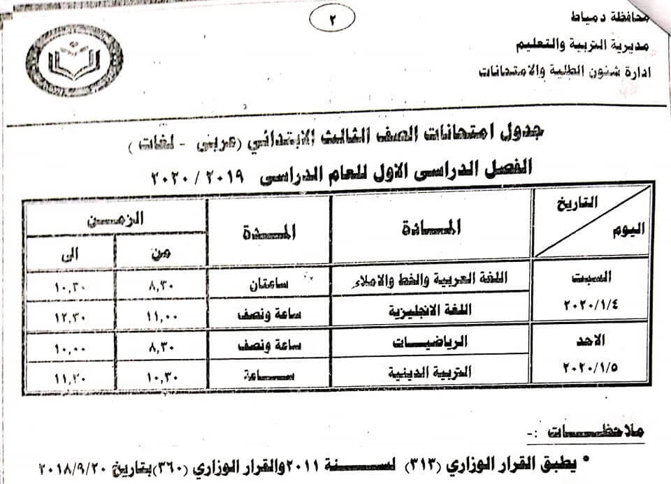 جدول امتحانات الصف الثالث الابتدائي نصف العام محافظة دمياط 2020