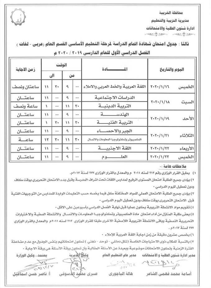 جدول امتحانات الصف الثالث الاعدادي نصف العام محافظة الغربية 2020