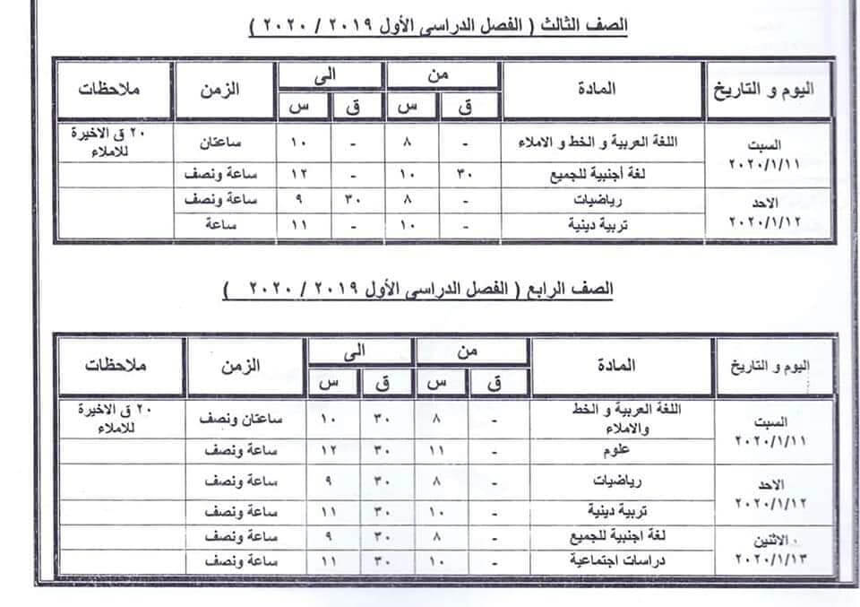 جدول امتحانات الصف الثالث والرابع الابتدائي نصف العام محافظة كفر الشيخ 2020