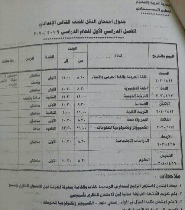 جدول امتحانات الصف الثاني الاعدادي نصف العام محافظة جنوب سيناء 2020