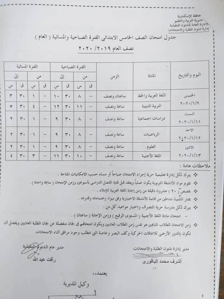 جدول امتحانات الصف الخامس الابتدائي نصف العام محافظة الاسكندرية 2020