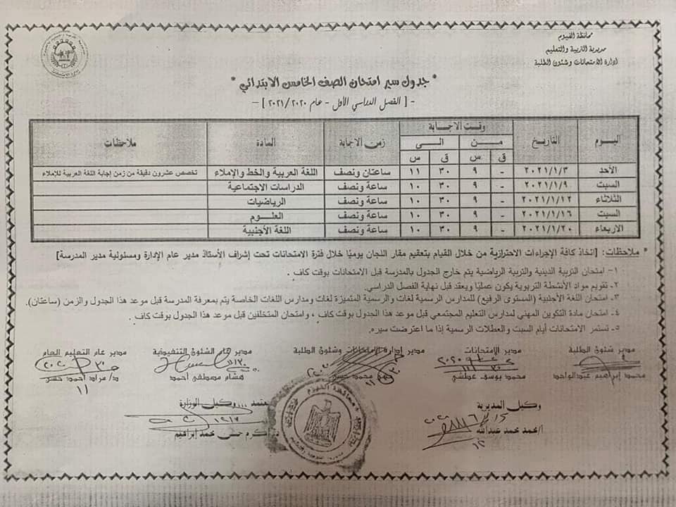جدول امتحانات الصف الخامس الابتدائي نصف العام محافظة الفيوم 2021