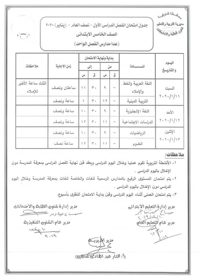 جدول امتحانات الصف الخامس الابتدائي نصف العام محافظة المنوفية 2020