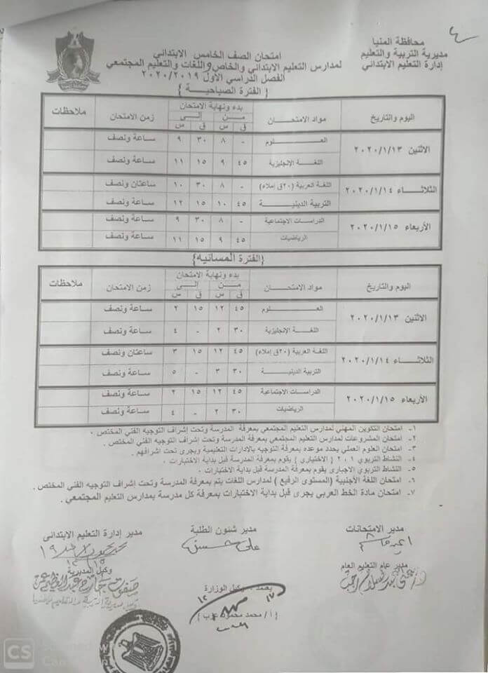 جدول امتحانات الصف الخامس الابتدائي نصف العام محافظة المنيا 2020