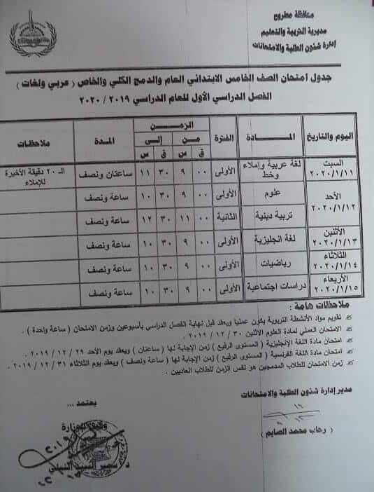 جدول امتحانات الصف الخامس الابتدائي نصف العام محافظة مطروح 2020