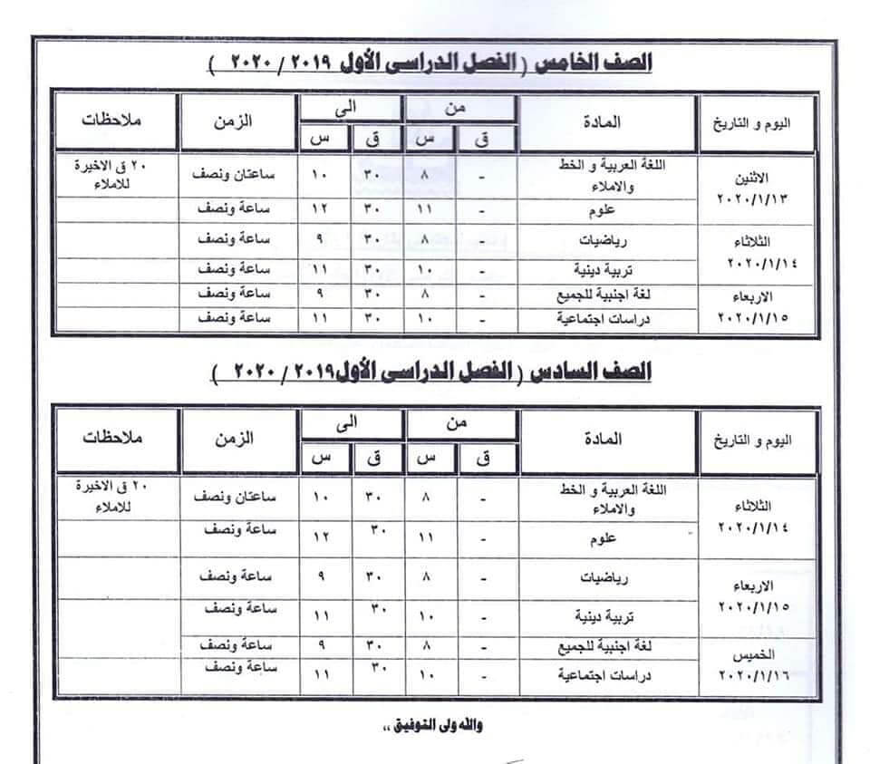 جدول امتحانات الصف الخامس والسادس الابتدائي نصف العام محافظة كفر الشيخ 2020