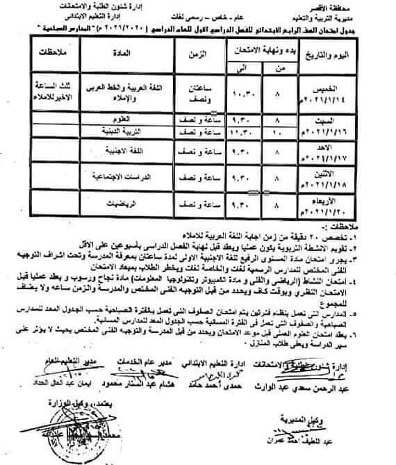 جدول امتحانات الصف الرابع الابتدائي نصف العام محافظة الاقصر 2021