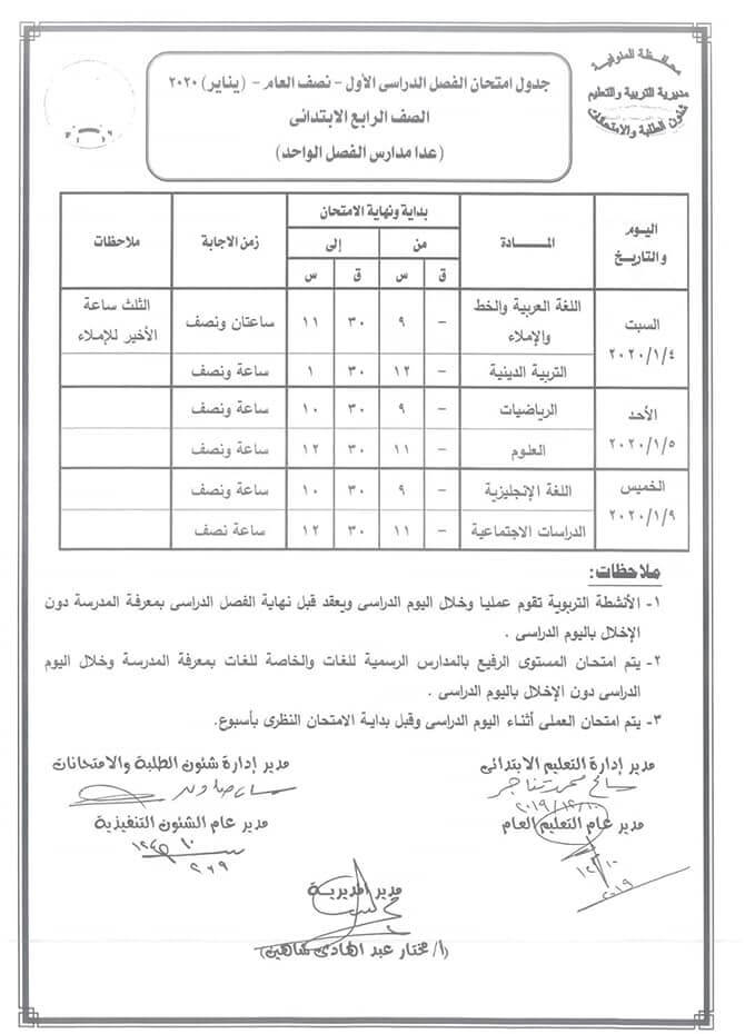 جدول امتحانات الصف الرابع الابتدائي نصف العام محافظة المنوفية 2020