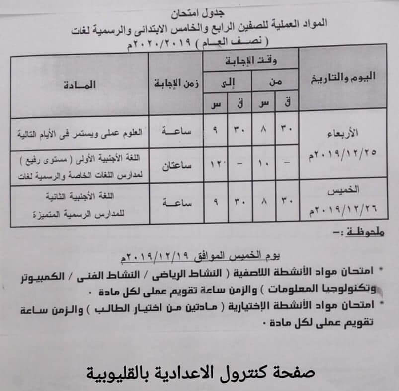 جدول امتحانات الصف الرابع والخامس الابتدائي نصف العام محافظة القليوبية 2020
