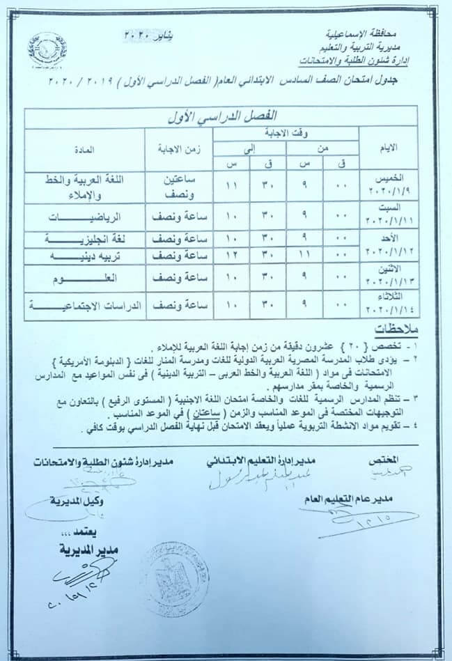 جدول امتحانات الصف السادس الإبتدائي 2020 الترم الأول ملزمتي