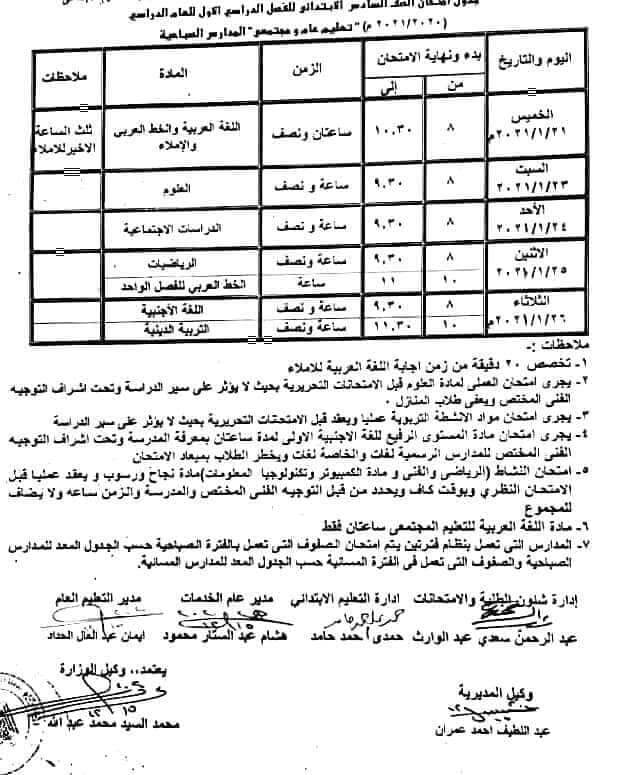 جدول امتحانات الصف السادس الابتدائي نصف العام محافظة الاقصر 2021