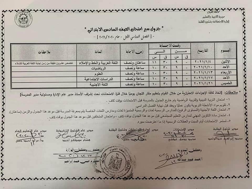 جدول امتحانات الصف السادس الابتدائي نصف العام محافظة الفيوم 2021