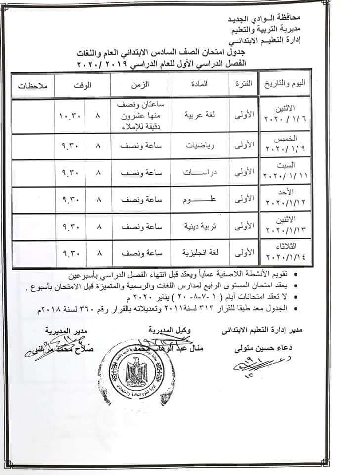 جدول امتحانات الصف السادس الابتدائي نصف العام محافظة الوادي الجديد 2020