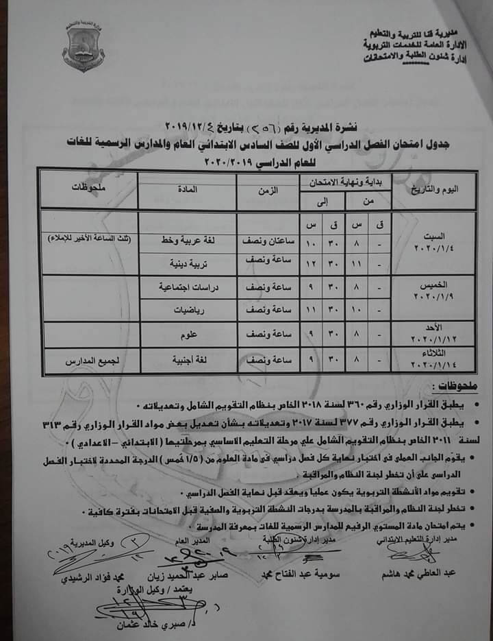 جدول امتحانات الصف السادس الابتدائي نصف العام محافظة قنا 2020
