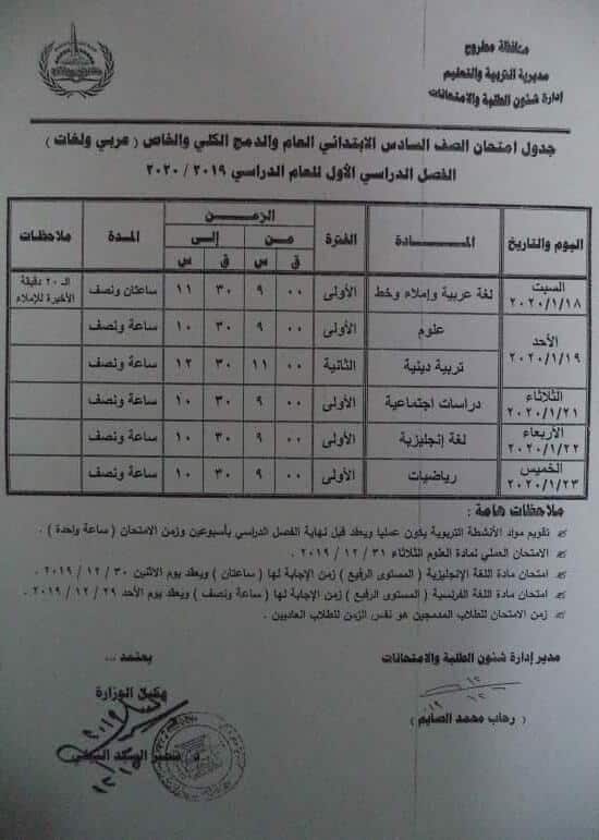 جدول امتحانات الصف السادس الابتدائي نصف العام محافظة مطروح 2020