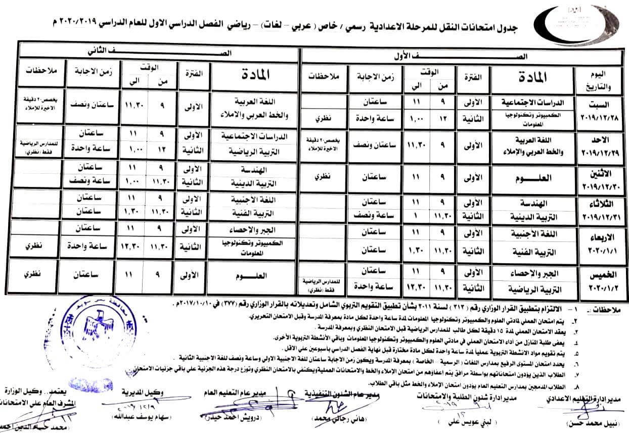 جدول امتحانات الصف الاول والثاني الاعدادي نصف العام 2020 محافظة بني سويف