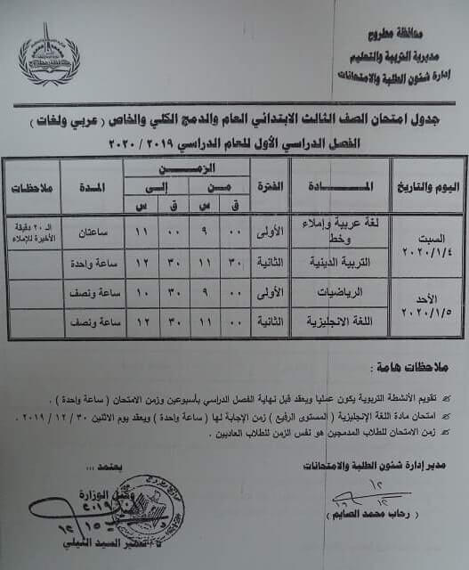 جدول امتحانات الصف الثالث الابتدائي نصف العام محافظة مطروح 2020