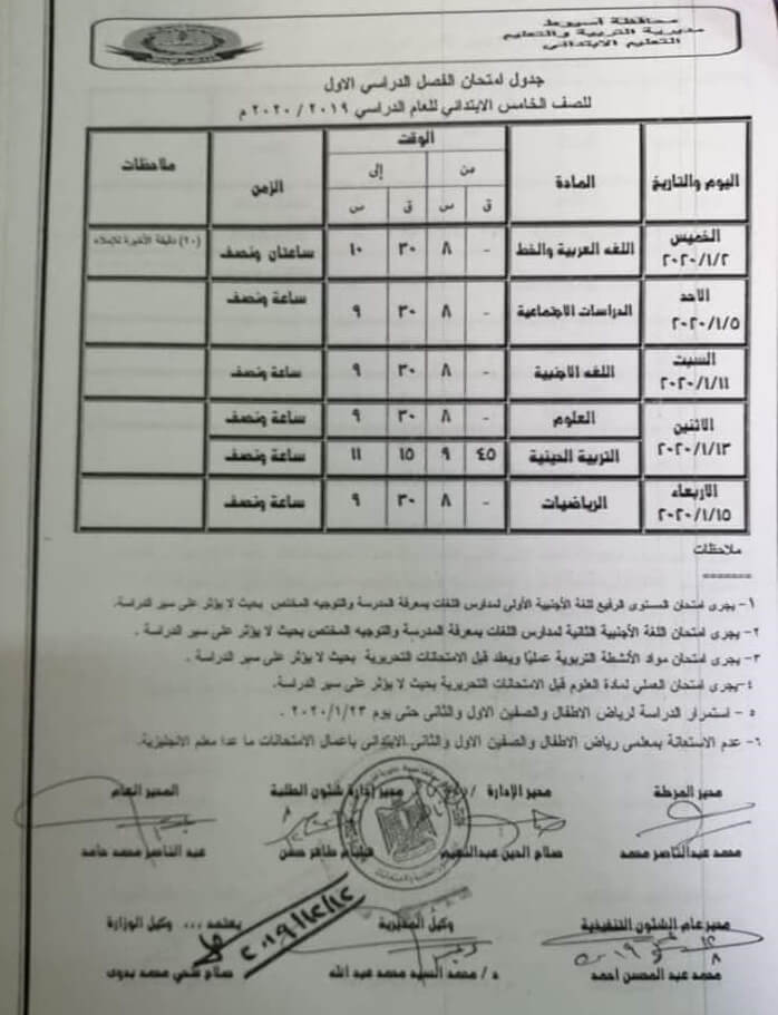 جدول امتحانات الصف الخامس الابتدائي نصف العام محافظة اسيوط 2020