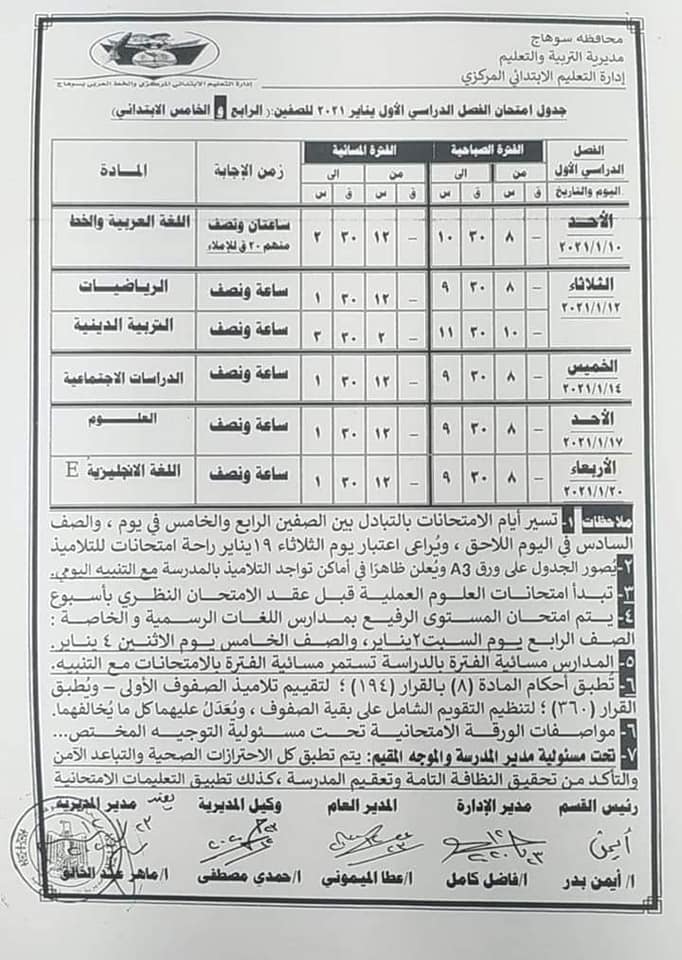 جدول امتحانات الصفين الرابع والخامس الابتدائي نصف العام محافظة سوهاج 2021