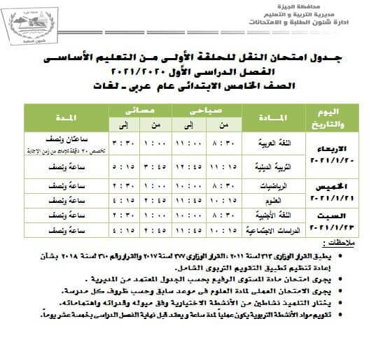 جدول امتحانات الصف الخامس الابتدائي نصف العام محافظة الجيزة 2021