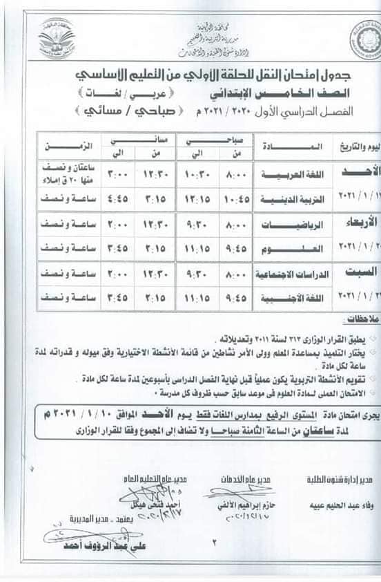 جدول امتحانات الصف الخامس الابتدائي نصف العام محافظة الدقهلية 2021