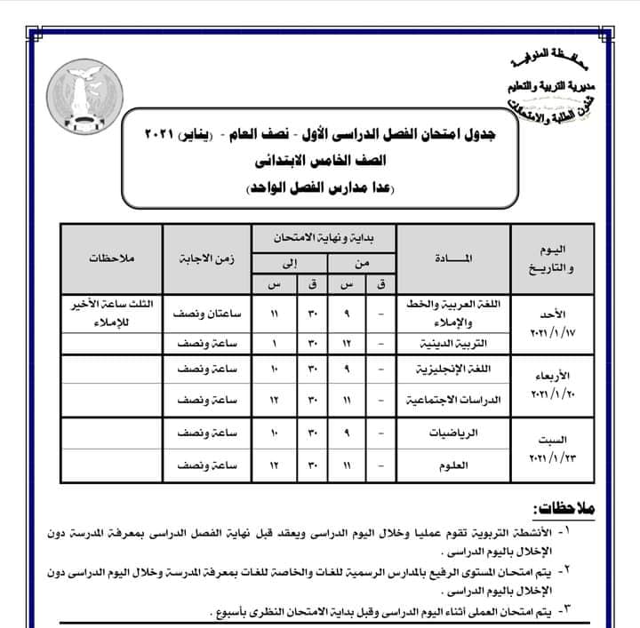 جدول امتحانات الصف الخامس الابتدائي نصف العام محافظة المنوفية 2021