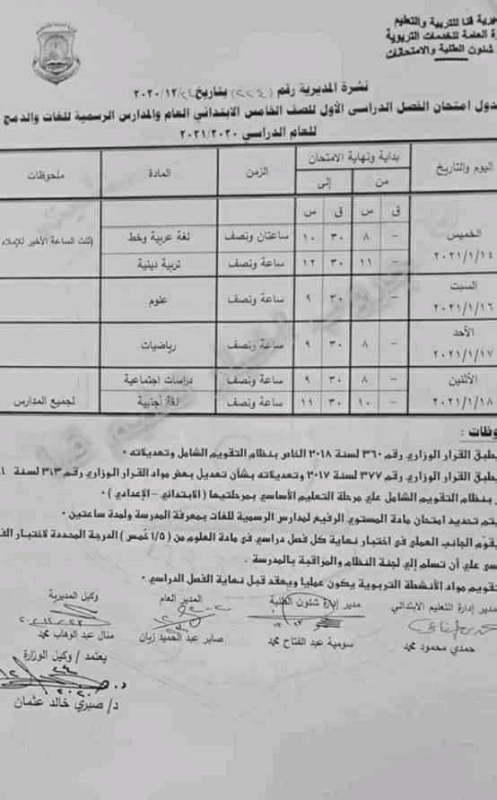 جدول امتحانات الصف الخامس الابتدائي نصف العام محافظة قنا 2021