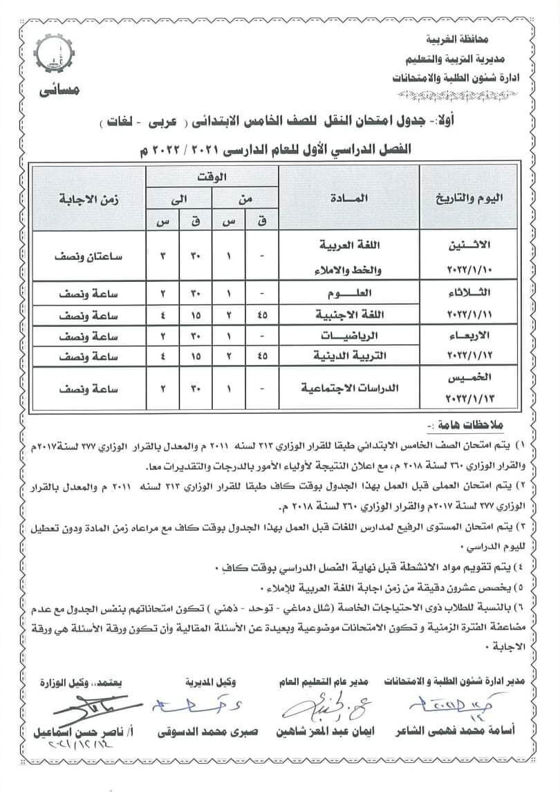 جدول امتحانات الصف الخامس الابتدائي 2022 الترم الأول محافظة الغربية 2