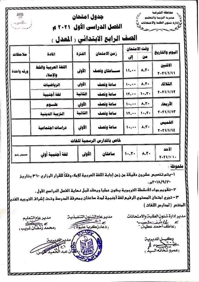 جدول امتحانات الصف الرابع الابتدائي نصف العام محافظة الشرقية 2021 المعدل