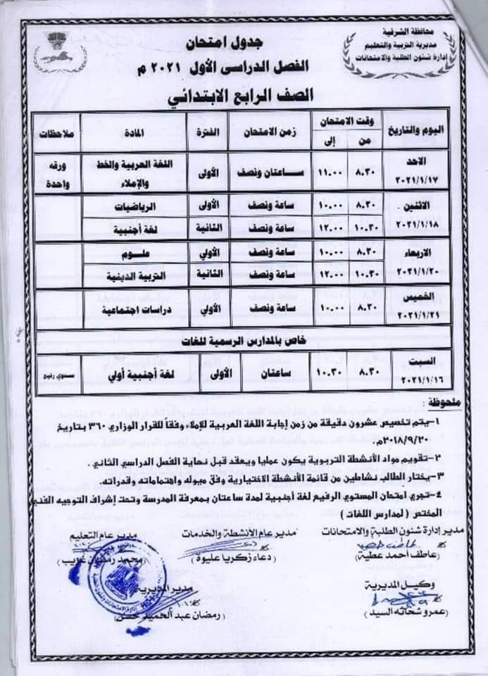 جدول امتحانات الصف الرابع الابتدائي نصف العام محافظة الشرقية 2021