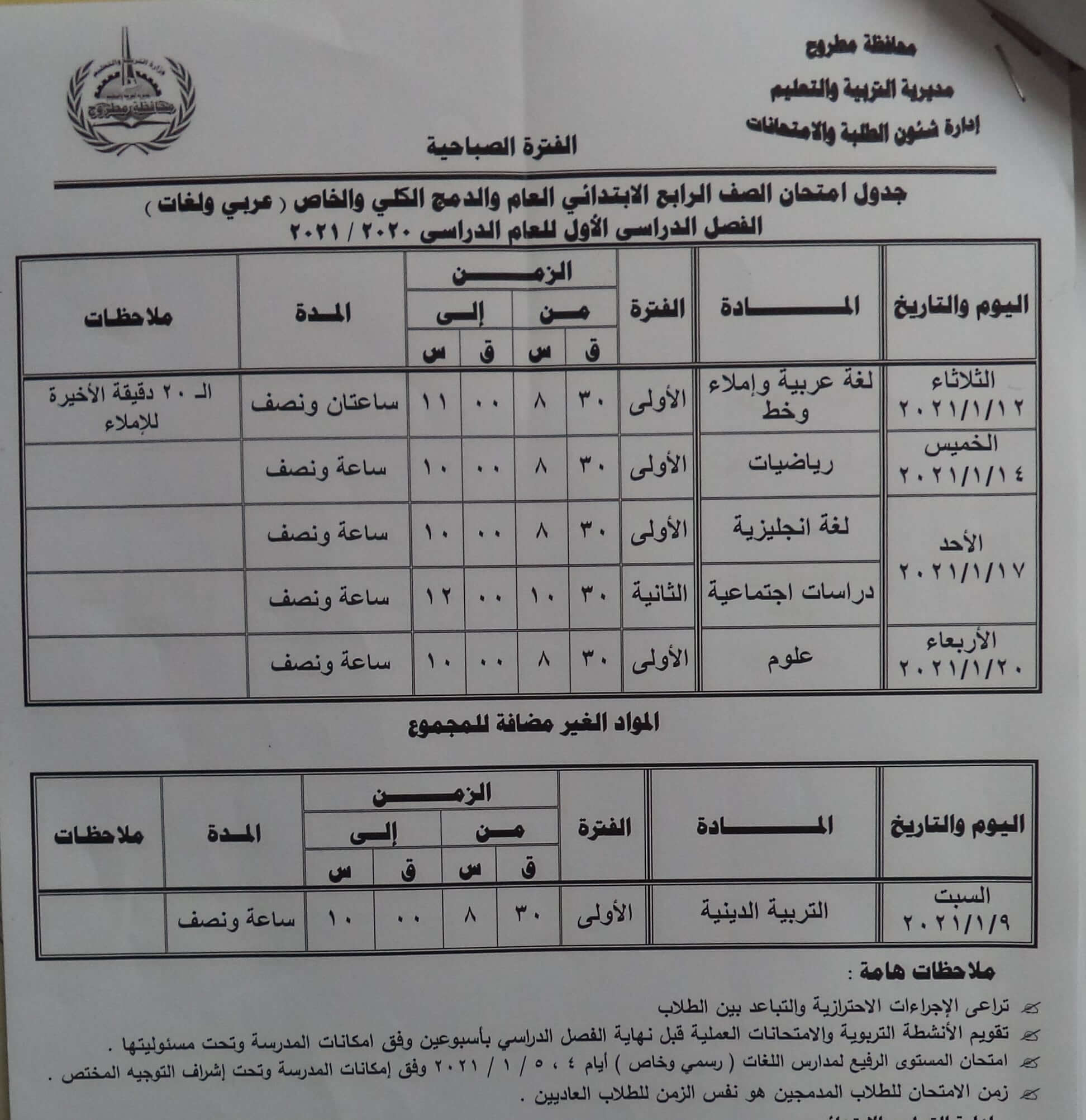جدول امتحانات الصف الرابع الابتدائي نصف العام محافظة مطروح 2021 1