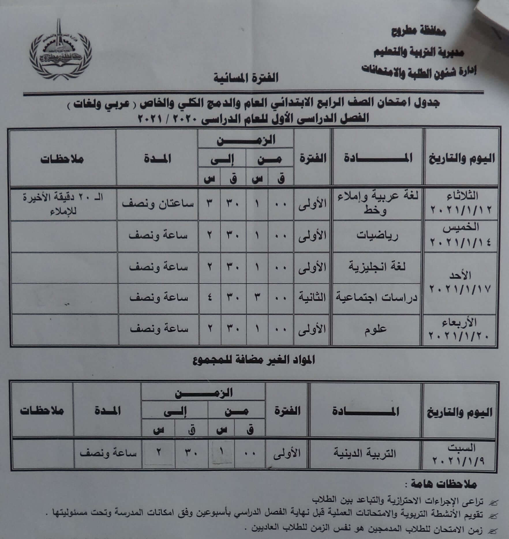 جدول امتحانات الصف الرابع الابتدائي نصف العام محافظة مطروح 2021 2