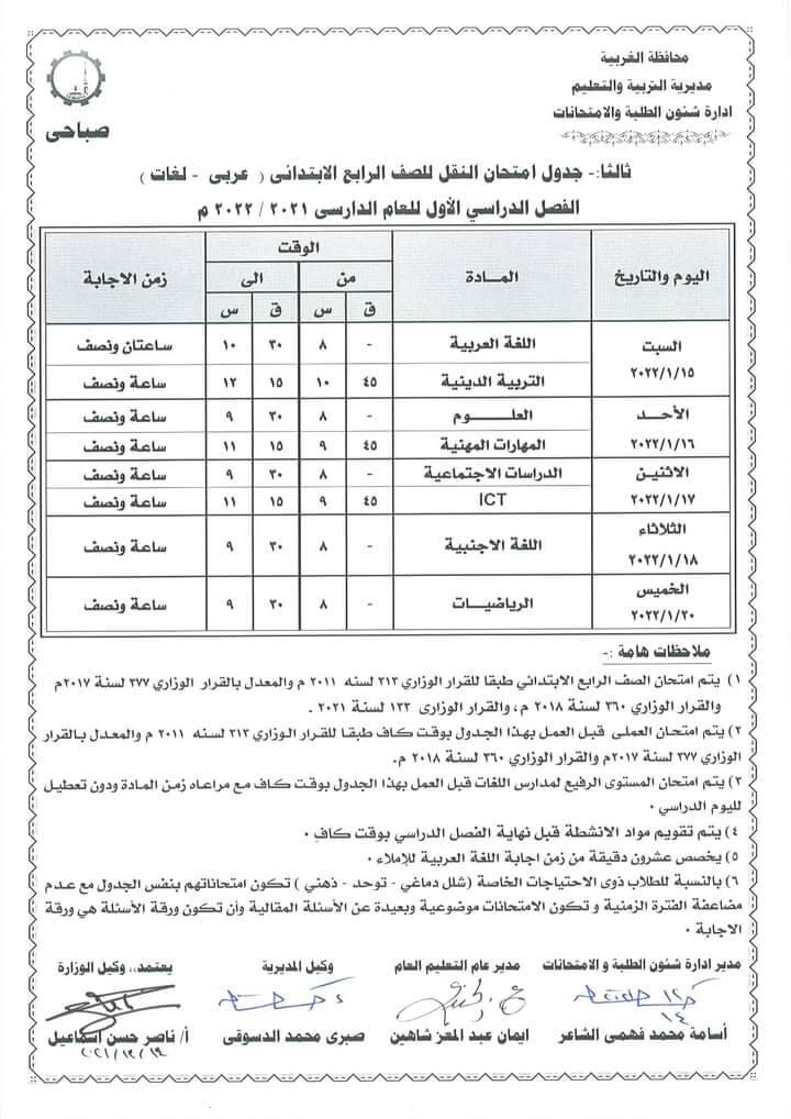 جدول امتحانات الصف الرابع الابتدائي 2022 الترم الأول محافظة الغربية 1