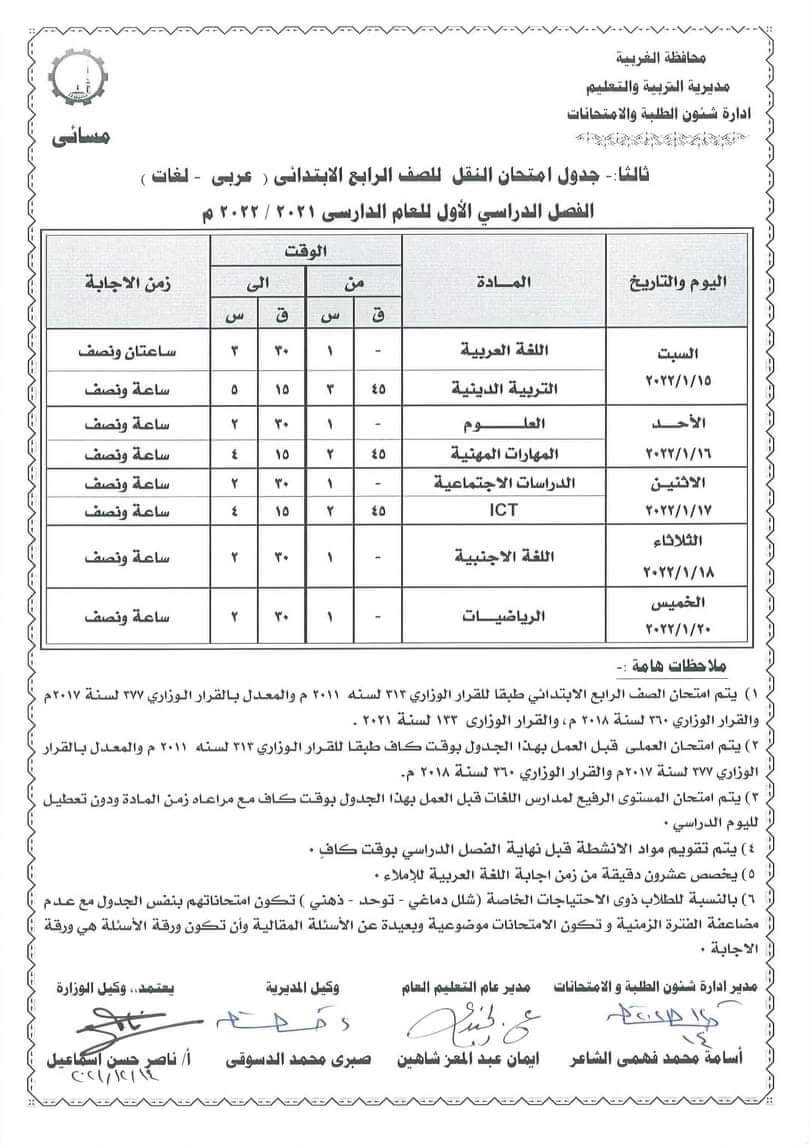 جدول امتحانات الصف الرابع الابتدائي 2022 الترم الأول محافظة الغربية 2